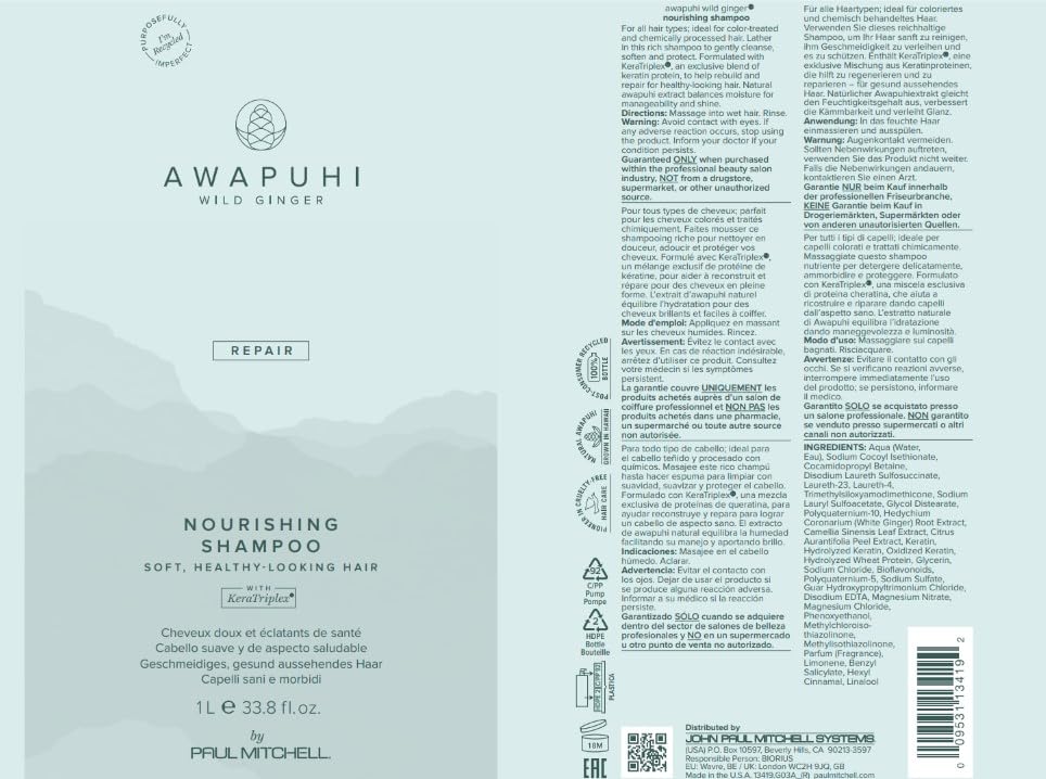 Awapuhi Wild Ginger by Paul Mitchell Nourishing Shampoo, Ultra Rich, Color-Safe Formula, For Dry, Damaged + Color-Treated Hair
