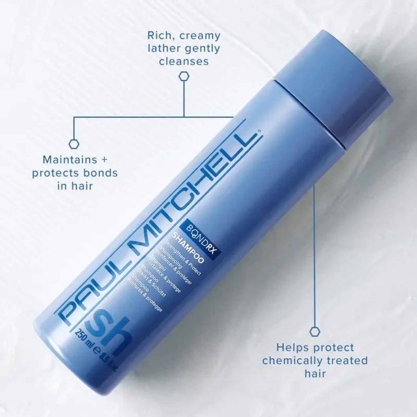 Bond Rx Shampoo - Salon Blissful - Paul Mitchell - bottle flat lay on white background.