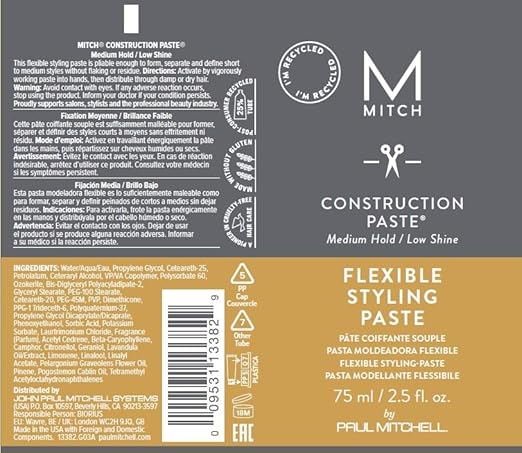 MITCH by Paul Mitchell Construction Paste for Men, Medium Hold, Low Shine, For All Hair Types + Short to Medium Hair, 2.5 fl. oz.