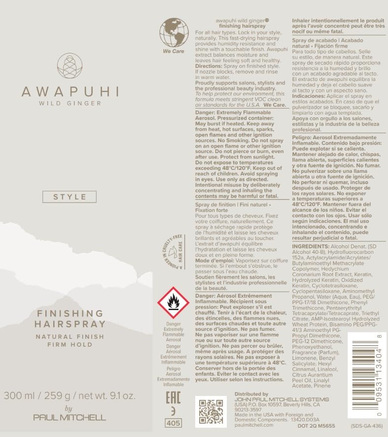 Awapuhi Wild Ginger by Paul Mitchell Finishing Spray, Firm Hold, Natural Finish Hairspray, For All Hair Types, 9.1 oz
