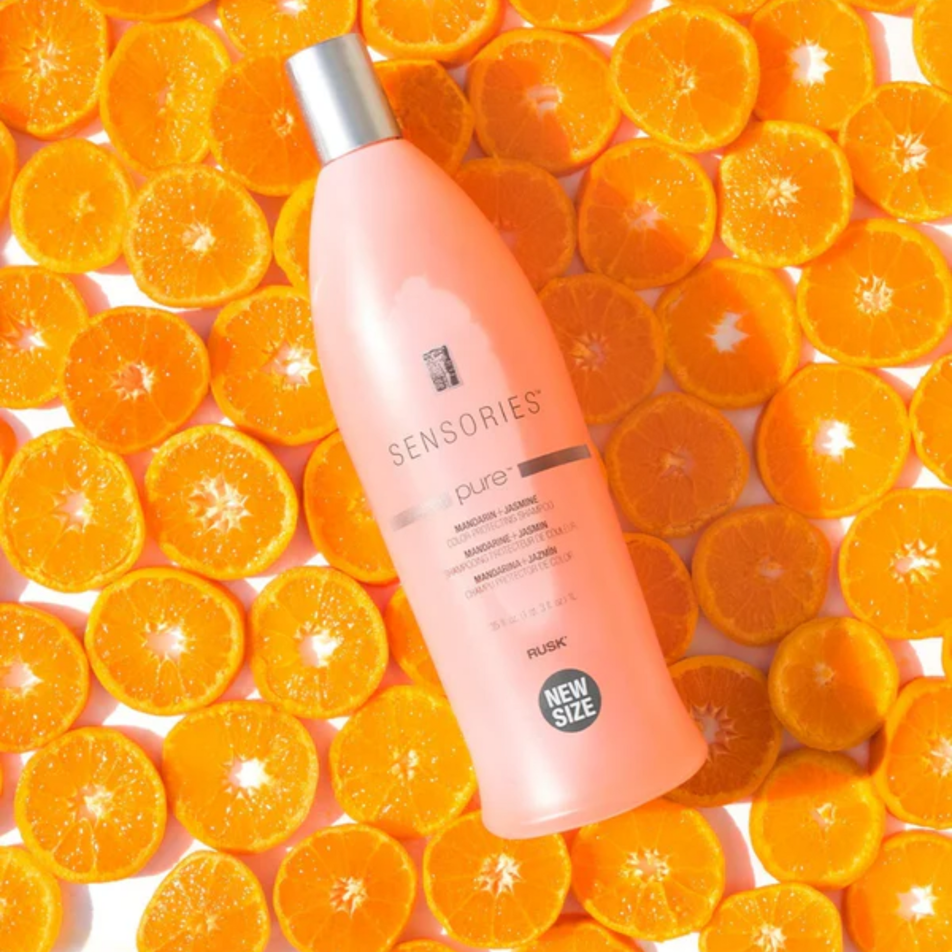 Salon Blissful -Sensories Pure Mandarin & Jasmine Vibrant Color Shampoo flat lay on citrus