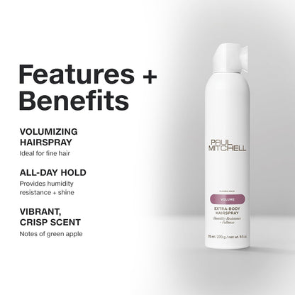 Paul Mitchell Extra-Body Hairspray, Flexible Hold, Maximum Volume + Humidity Resistance, For Fine Hair
