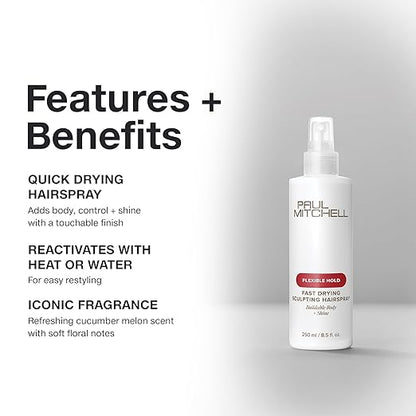 Paul Mitchell Fast Drying Sculpting Hairspray, Flexible Hold, Buildable Body + Shine, For All Hair Types