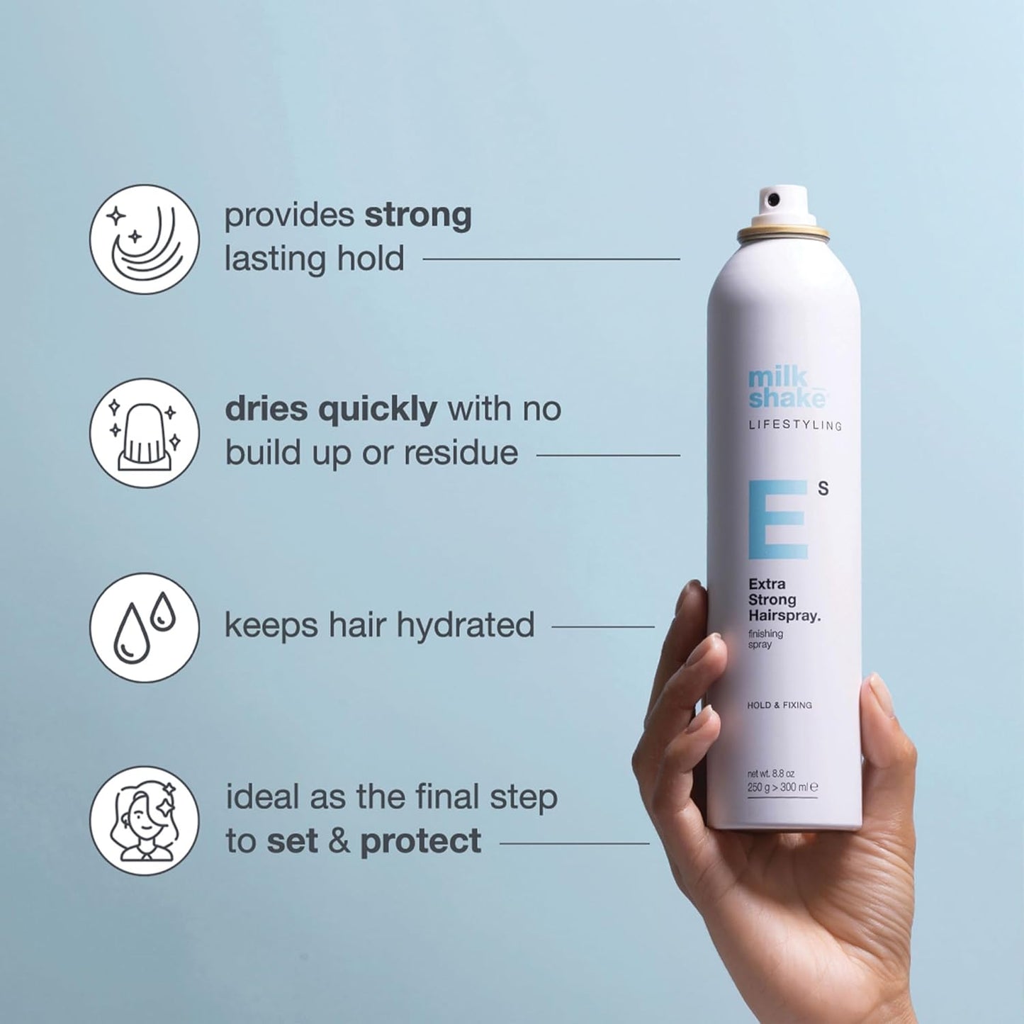 milk_shake Extra Strong Hairspray | Long-lasting finishing spray for styled hair | Medium-strong hold & structured style with medium shine | with panthenol & heat-protective ingredients