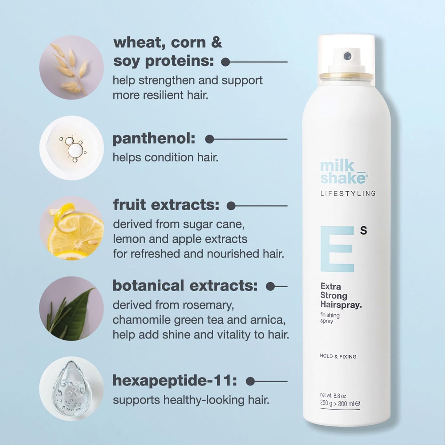 milk_shake Extra Strong Hairspray | Long-lasting finishing spray for styled hair | Medium-strong hold & structured style with medium shine | with panthenol & heat-protective ingredients