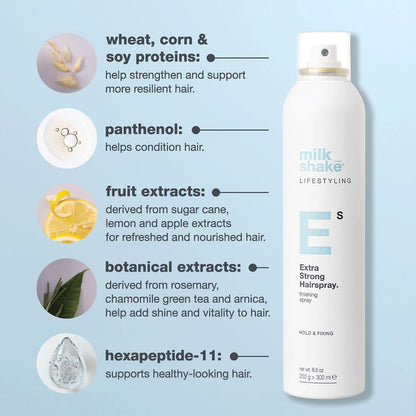 milk_shake Extra Strong Hairspray | Long-lasting finishing spray for styled hair | Medium-strong hold & structured style with medium shine | with panthenol & heat-protective ingredients