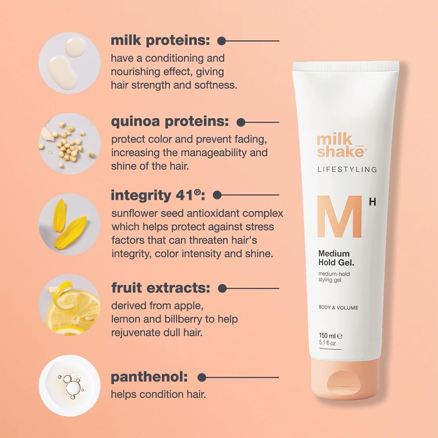 milk_shake Medium Hold Gel | Styling gel for all hair types | Defines styles with memory effect & adds shine | with milk proteins, quinoa proteins & sunflower extract