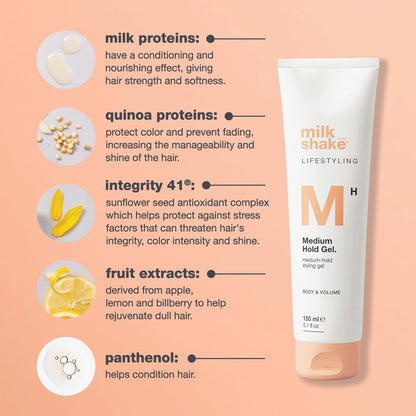 milk_shake Medium Hold Gel | Styling gel for all hair types | Defines styles with memory effect & adds shine | with milk proteins, quinoa proteins & sunflower extract