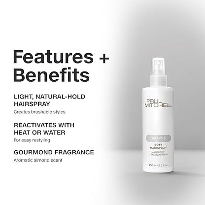 Paul Mitchell Soft Hairspray, Lightweight, Soft Hold + Brushable Finish, For All Hair Types