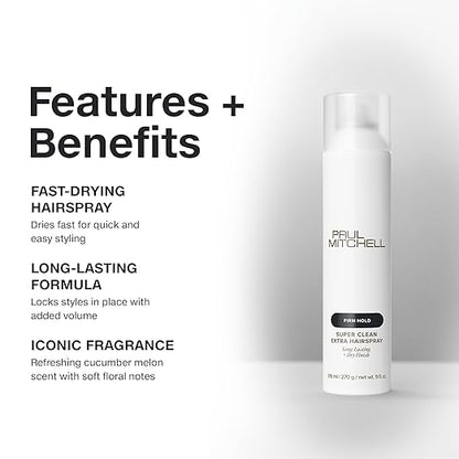 Paul Mitchell Super Clean Extra Hairspray, Long-Lasting, Firm Hold + Dry Finish, For All Hair Types, 9.5 oz